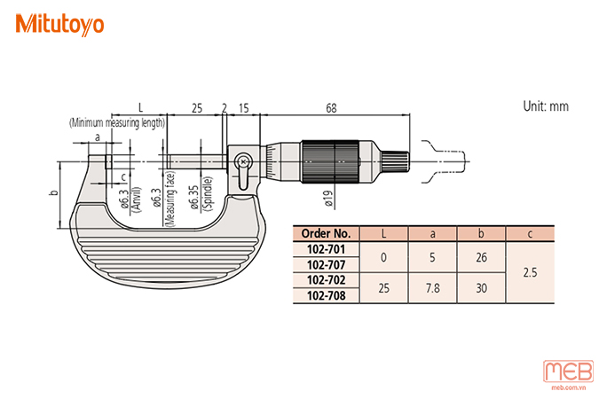 Panme đo ngoài cơ khí Ratchet Thimble series 102 Mitutoyo